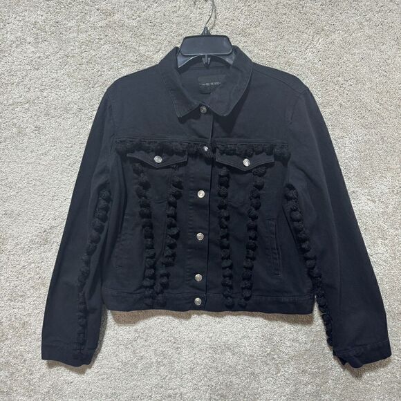 Free The Roses Denim Jean Jacket Black Pom Pom Women's Large Button Up - Picture 3 of 12